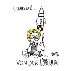Può includere: Un'illustrazione di cartone animato in bianco e nero di una persona con i capelli biondi che tiene un razzo con il testo "SICUREZZA È... VON DER LINUS" in basso.