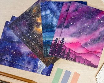 Watercolor Celestial Mountain Cards | Starry Night Sky, Recycled Paper (Set of 8)