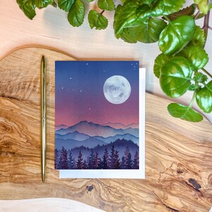 Vibrant Full Moon Mountain Night Landscape Card | Watercolor Greeting Card | Blank Inside | A2 Stationery | Mountain Art