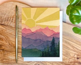 Soleil des montagnes arc-en-ciel | de voeux aquarelle | Blanc à l'intérieur | Papeterie A2 | Art de la montagne