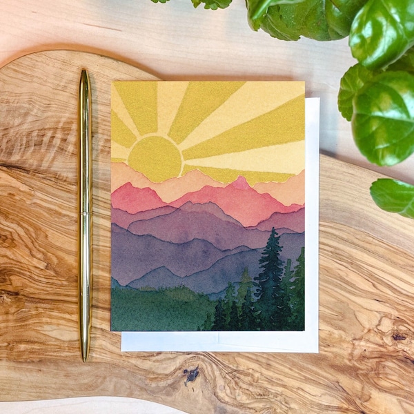 Rainbow Mountains Sunshine | Watercolor Greeting Card | Blank Inside | A2 Stationery | Mountain Art