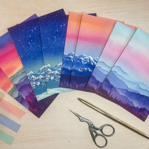 Set of 8 | Peaceful Mountain Cards | Colorful Watercolor Landscape Art | | Blank Cards and Envelopes | A2 size