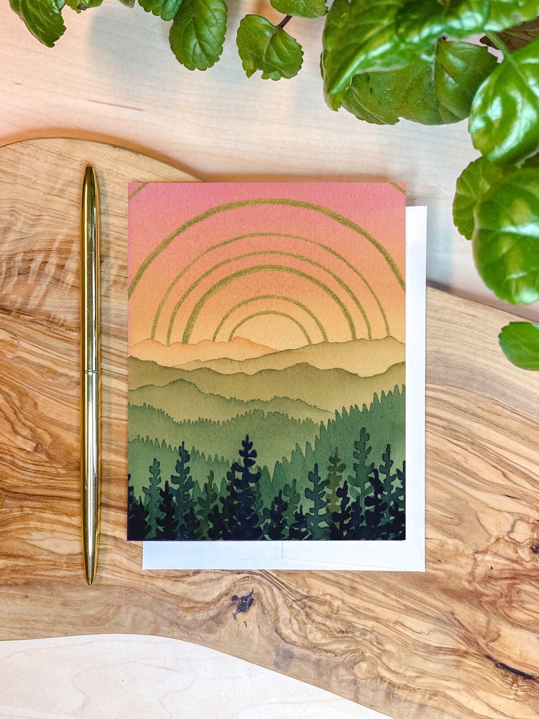 Watercolor Mountain Greeting Card | Green Mountain Sunshine Art - Etsy