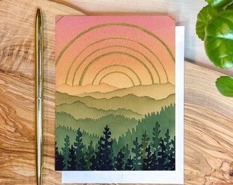 Green Mountain Sunshine Card | Watercolor Greeting Card | Blank Notecard | A2 Stationery | Mountain Art