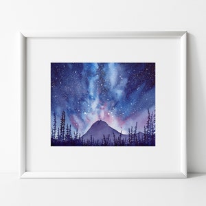 December Night Sky Galaxy Watercolor Mountain Fine Art Print