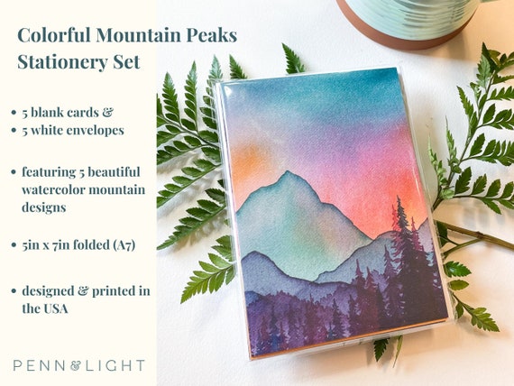 Colorful Mountain Peaks 5 Blank Cards With Envelopes Blank Notecards  Greeting Cards Watercolor Cards 