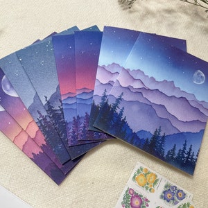 Cartes d'art paysage de montagne et lune -- 8 cartes vierges avec enveloppes -- Cartes de correspondance vierges - Cartes de voeux - Cartes aquarelle