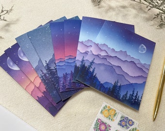 Cartes d'art paysage de montagne et lune -- 8 cartes vierges avec enveloppes -- Cartes de correspondance vierges - Cartes de voeux - Cartes aquarelle