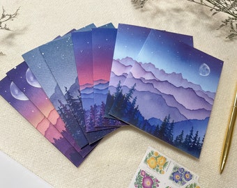 Mountain Landscape & Moon Art Cards -- 8 blank cards with envelopes -- Blank Notecards - Greeting Cards - Watercolor Cards