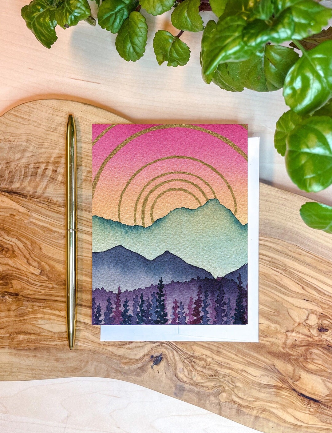 Watercolor Mountain Card | Sunshine Landscape Blank Notecard - Etsy