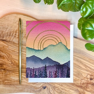 Colorful Mountains with Sunshine Card | Watercolor Greeting Card | Blank Notecard | A2 Stationery | Mountain Art | Landscape Card