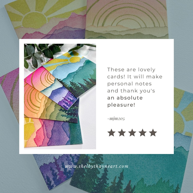 May include: A collection of square greeting cards featuring watercolour landscape illustrations of suns, mountains, and forests in gradients of yellow, pink, purple, blue, and green. The text reads: These are lovely cards! It will make personal notes and thank you's an absolute pleasure! -mjm205