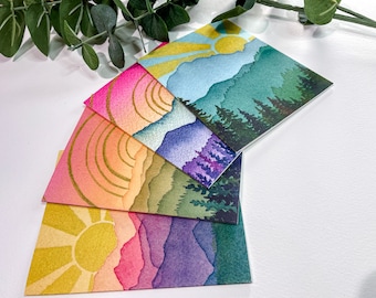 Tarjetas Mountain Sunshine, 8 tarjetas plegadas con sobres, Tarjetas de notas en blanco, Tarjetas de felicitación, Tarjetas de acuarela, Amanecer de montaña, Montañas soleadas