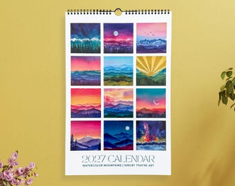 2027 Mountain Calendar | Watercolor Landscape Art | Mountain Wall Art | Large Hanging Wall Calendar