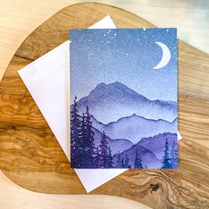 Blue Crescent Moon Mountain Night Landscape Card | Watercolor Greeting Card | Blank Inside | A2 Stationery | Mountain Art