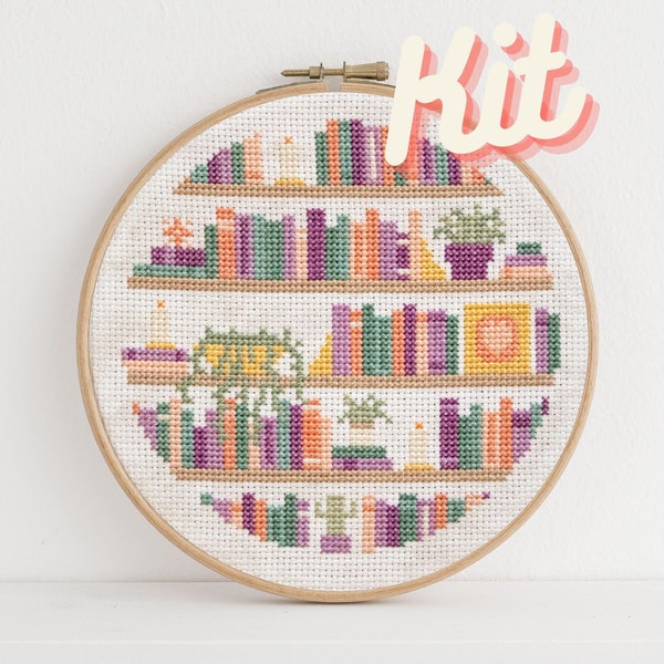 Bookshelf Cross Stitch Kit - Gift for Book Lover - Pastel Bookshelves