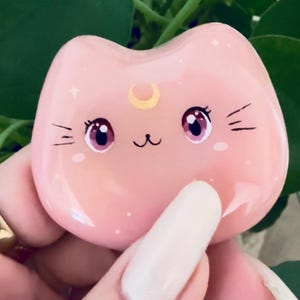 Può includere: Un oggetto liscio a forma di gatto, di colore rosa chiaro con una finitura lucida. Il viso presenta grandi occhi rosa scuro con riflessi bianchi, una piccola bocca nera, tre baffi neri su ogni lato e una piccola mezzaluna dorata sulla fronte.
