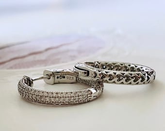 925 Sterling Silver / 21mm Round Hoop Earrings / 3-Row Pavé Set Hoop Earrings / In and Out Cubic Zirconia Earrings / Sterling Silver