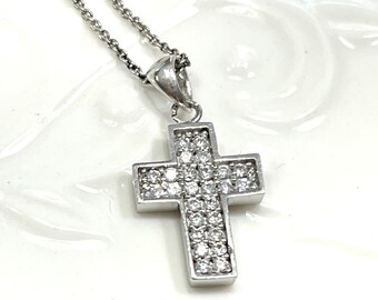 925 Sterling Silver Cross / Simulated Diamond Cross Necklace / Cross Pendant / Religious / Baptism Gift / For Someone Special