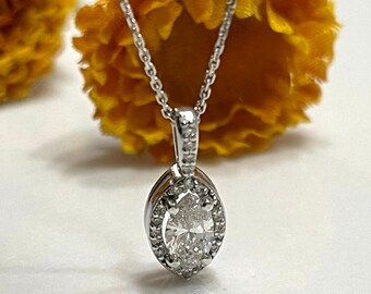 14K Solid White Gold 0.42ct Marquise Center Diamond Pendant / Halo Style Elegant Pendant / Classic and Unique For Someone U Love /Minimalist