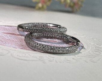 925 Sterling Silver / 26mm Round Hoop Earrings / 3-Row Pavé Set Hoop Earrings / In and Out Cubic Zirconia Earrings / Sterling Silver