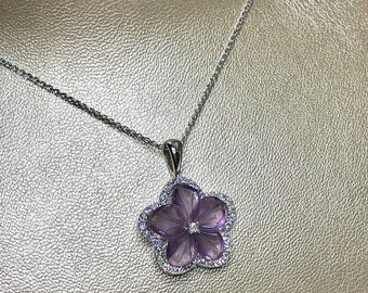 14K Solid White Gold Flower Pendant / Amethyst Pendant / Diamond Flower / Amethyst Diamond Flower / The birthstone of February