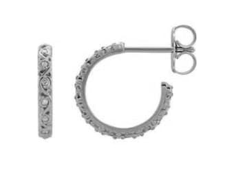 14K Solid White Gold Hoop Earrings / Diamond Hoop Earrings / Push Backings / Sculptural Pattern / Minimalist and Trendy / Gift For Her
