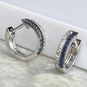 14K Solid White Gold Diamond and Blue Sapphire Earring / Diamond Huggie Earrings / Minimalist Hoop Earrings / Trendy Earrings For Women