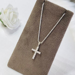 925 Sterling Silver Cross / Cubic Zirconia Shared Prong Set / Religious / Simulated Diamond Cross With Chain / Sterling Silver image 4