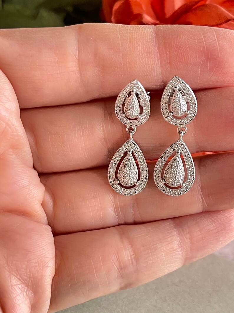 925 Sterling Silver Earring / Dangling Earring / Pear Shape Pavé Set Earrings / Luxury Dangling Earring / Cubic Zirconia / ES100 image 2