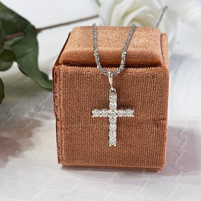 925 Sterling Silver Cross / Cubic Zirconia Shared Prong Set / Religious / Simulated Diamond Cross With Chain / Sterling Silver image 1