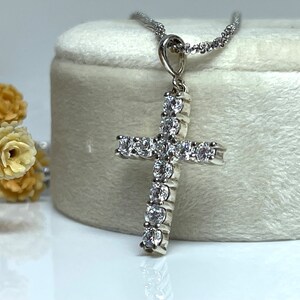 925 Sterling Silver Cross / Cubic Zirconia Shared Prong Set / Religious / Simulated Diamond Cross With Chain / Sterling Silver image 9