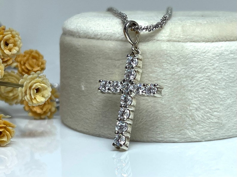 925 Sterling Silver Cross / Cubic Zirconia Shared Prong Set / Religious / Simulated Diamond Cross With Chain / Sterling Silver image 9