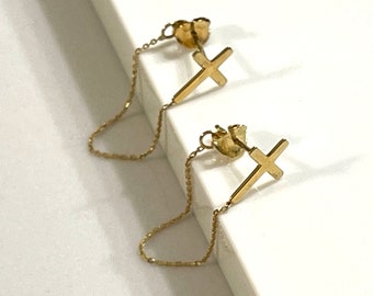 14K Solid Yellow Gold Chain Earrings / Be Unique With These Dangling Cross Earrings / Front Back Earrings / Super Trendy With Any Outfit