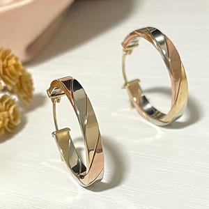14K Solid Gold Hoop Earrings / 22MM Huggie 3-Tone Yellow , Rose and White Hoop Earring / Simple Everyday Hoops / Elegant and Timeless