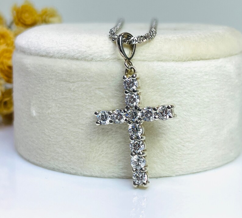 925 Sterling Silver Cross / Cubic Zirconia Shared Prong Set / Religious / Simulated Diamond Cross With Chain / Sterling Silver image 5