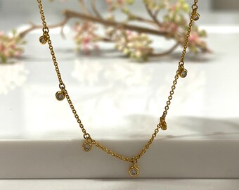 10K Solid Yellow Gold Choker Necklace / Bezel Set Necklace / Layering Diamond Necklace / 0.21ctw Dangling Bezel Setting Diamonds /Minimalist