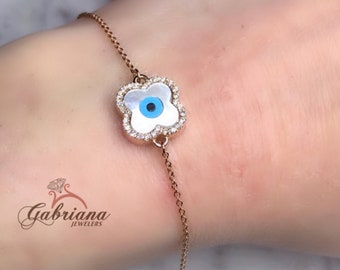 14K Solid Rose Gold Mother of Pearl Bracelet / Evil Eye Mother of Pearl / Minimalist & Dainty Chain Bracelet /  Flower Bracelet / Protection