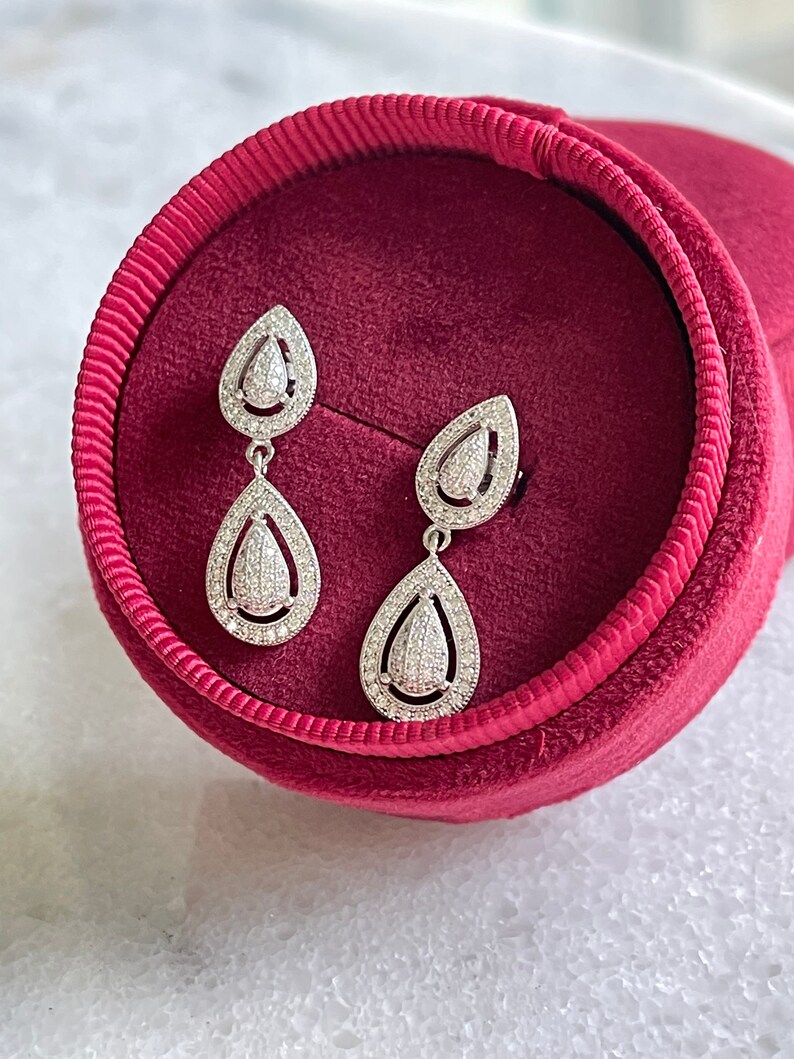 925 Sterling Silver Earring / Dangling Earring / Pear Shape Pavé Set Earrings / Luxury Dangling Earring / Cubic Zirconia / ES100 image 4