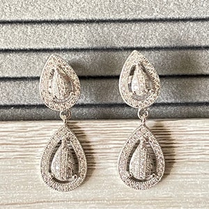 925 Sterling Silver Earring / Dangling Earring / Pear Shape Pavé Set Earrings / Luxury Dangling Earring / Cubic Zirconia / ES100 image 7