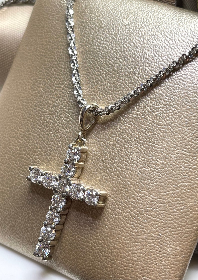 925 Sterling Silver Cross / Cubic Zirconia Shared Prong Set / Religious / Simulated Diamond Cross With Chain / Sterling Silver image 7