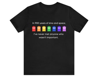 PRIDE Rainbow Police Box, 11th Doctor Quote, Doctor Who Parody, Unisex Jersey Short Sleeve Tee