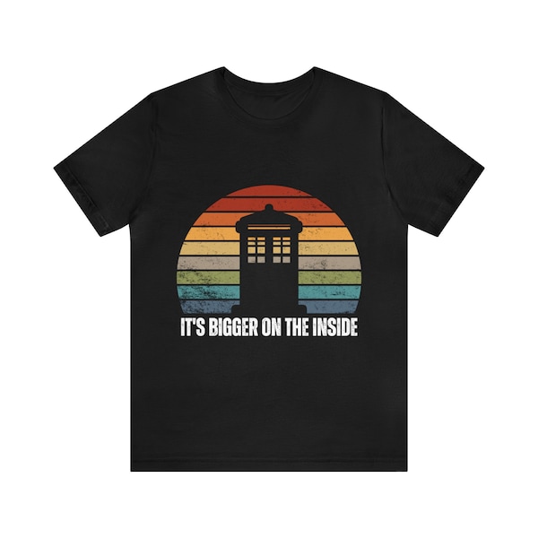 Doctor Who-Themed Police Box Parody Unisex T-shirt, It's Bigger On The Inside, Retro Sunset