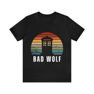 Doctor Who-Themed Bad Wolf T-shirt, Retro Sunset Police Box Tee