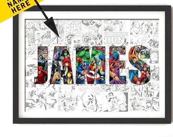 Personalised NAME Word Art Print Superhero Character Posters Avenger Digital Canvas Wall Art Customize Gift Home Decor, Superhero Name