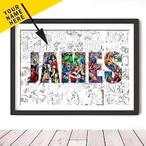Personalised NAME Word Art Print Superhero Character Posters Avenger Canvas Wall Art Customize Gift Home Decor, Superhero Name