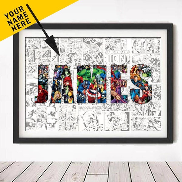 Personalisierter NAME-Wort-Kunstdruck, Superhelden-Charakter-Poster, Avenger, digitale Leinwand, Wandkunst, individuelles Geschenk, Heimdekoration, Superhelden-Name