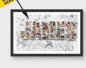 Personalized Name Photo Collage Frame – Custom Comic Style Wall Art, Kids Name Poster, Unique Gift for Boys & Girls, Nursery Room Decor