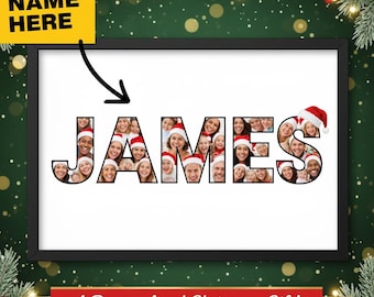 Personalized Christmas Name Photo Collage | Custom Santa Hat Letter Art | Digital Download Family Gift | Printable Holiday Wall Decor
