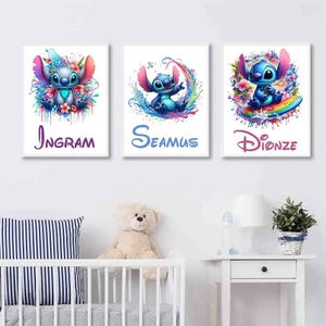 Póster personalizado de Stitch con nombre personalizado, lienzo impreso, arte de pared, imagen vibrante para regalo infantil, decoración de habitación, cuadros